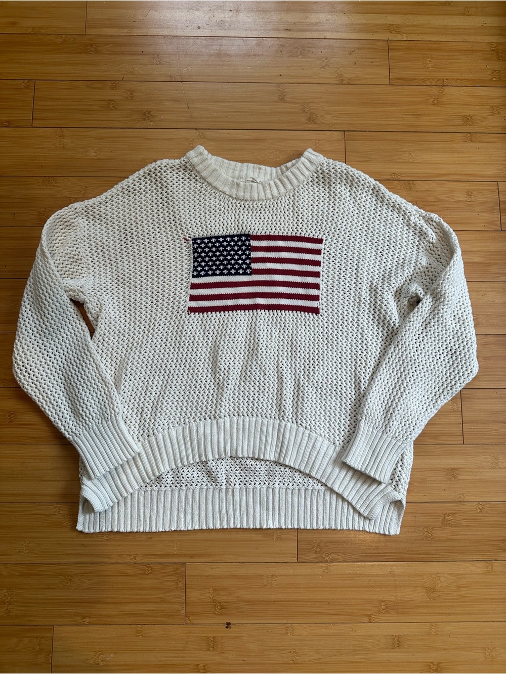 Maurices Cream Knit Crewneck Sweater with Flag Patch